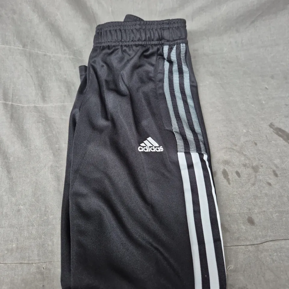 ADIDAS TRACK PANTS – BLACK WITH WHITE 3-STRIPES - SIZE 9/10 YEARS