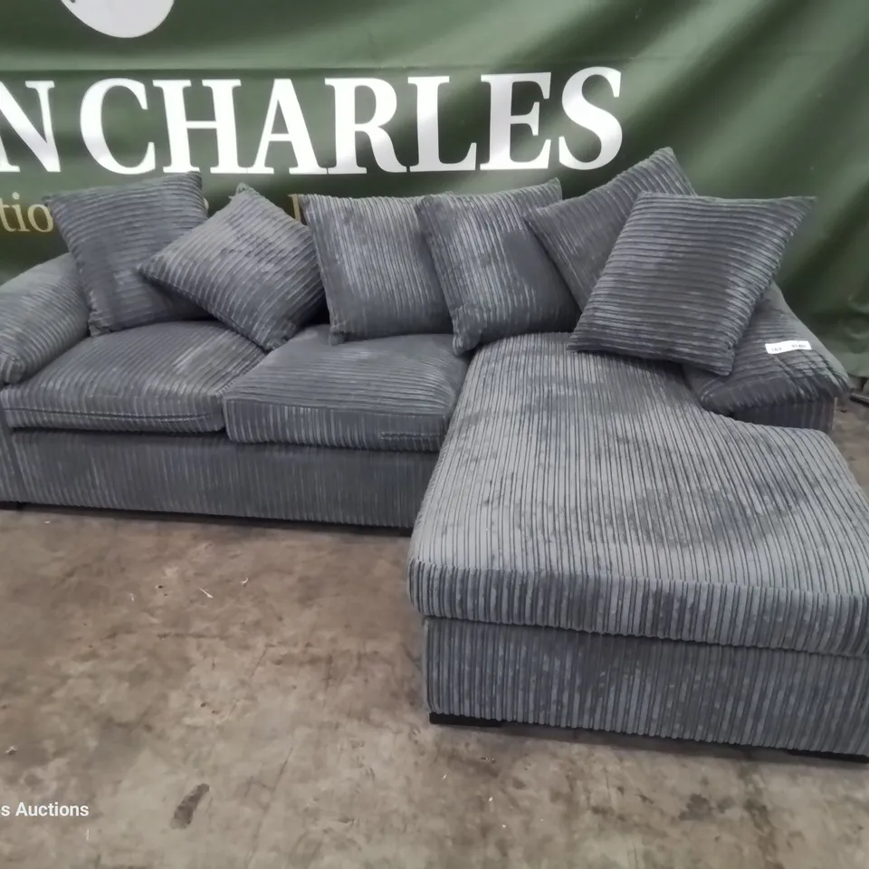 DESIGNER CHAISE SOFA WITH SCATTER CUSHIONS GREY JUMBO CHORD