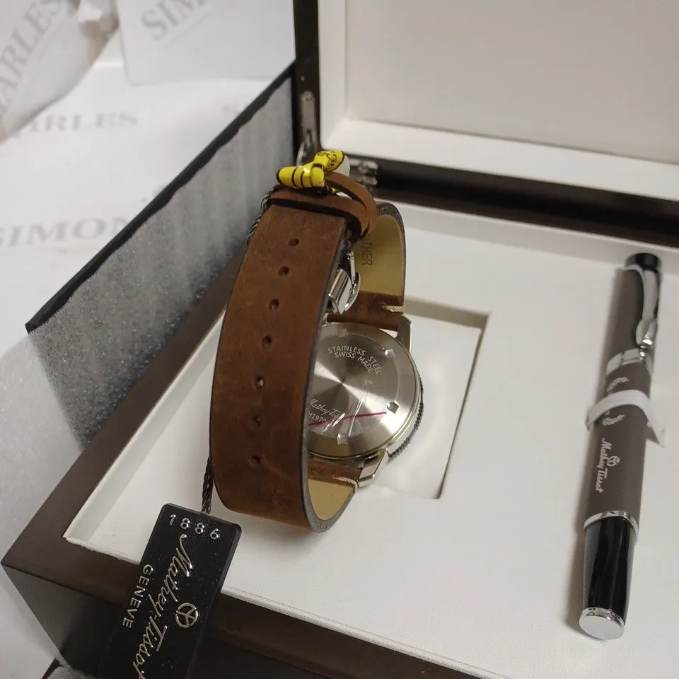 BOXED MATHEY TISSOT LTD ED H 1970 SWISS AUTOMATIC WATCH WITH PEN - BROWN