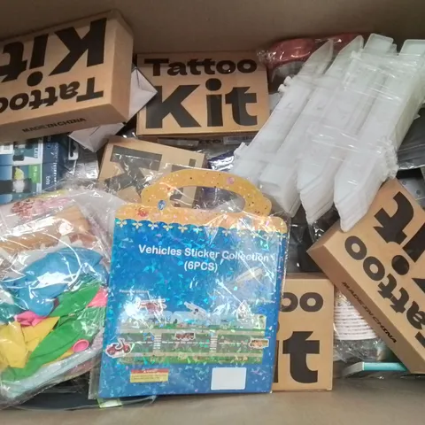 PALLET CONTAINING VARIOUS ASSORTED HOUSEHOLD ITEMS TO INCLUDE: TATTOO KITS, TV AERIALS, PARTY BANNERS ETC.