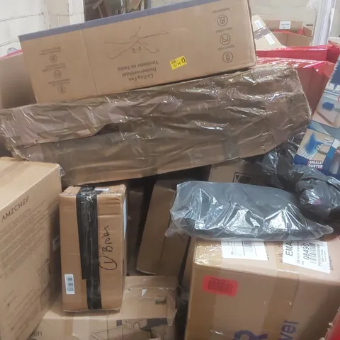 PALLET CONTAINING A LARGE QUANTITY OF ASSORTED ITEMS INCLUDING: CEILING FAN, PROFESSIONAL BLENDER, LARGE DUSTER, PLAYPEN, ESPRESSO COFFEE MACHINE ECT