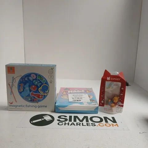 TOTE OF APPROXIMATELY 10 ASSORTED TOYS INCLUDING, HOT WHEEL MONSTER TRUCKS MOOD CRUSHER, MAGNETIC FISHING GAME AND TONIES AUDIO CHARACTER TO TONIEBOX
