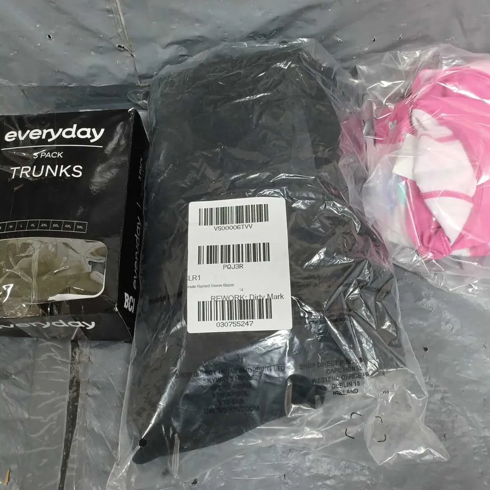 APPROXIMATEY 5 ASSORTED CLOTHING ITEMS TO INCLUDE EVERYDAY TRUNKS, BLAZER, HAT, ETC