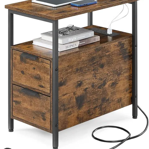 BOXED VASAGLE SLIM SIDE TABLE WITH CHARGING STATION, NARROW END TABLE WITH 2 DRAWERS, BEDSIDE TABLE WITH STORAGE, FOR LIVING ROOM, BEDROOM, RUSTIC BROWN AND CLASSIC BLACK
