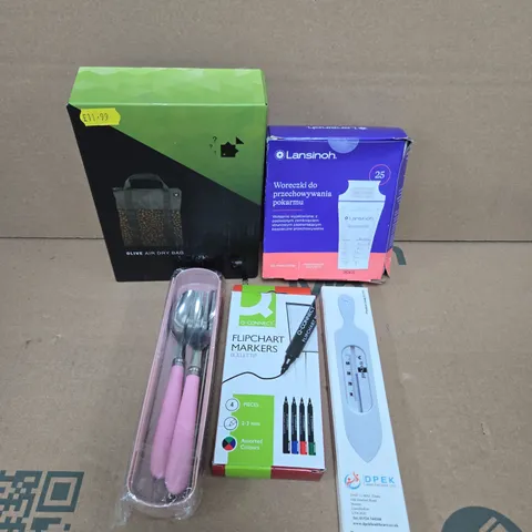 APPROXIMATELY 15 ASSORTED HOUSEHOLD ITEMS TO INCLUDE LANSIHOH BREAST MILK BAGS, FLIPCHART MARKERS AND OLIVE AIR DRY BAG