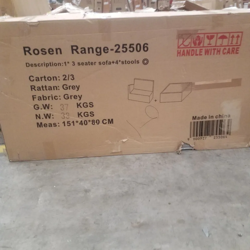 BOXED 9 SEATER RATTAN BLACK GREY FABRIC OUTDOOR SEATING (3 BOXES)