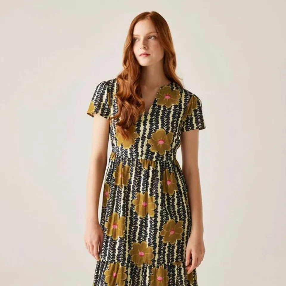 BRAND NEW REGATTA ORLA KIELY TIERED MIDI DRESS IN LOTUS YELLOW - SIZE 12