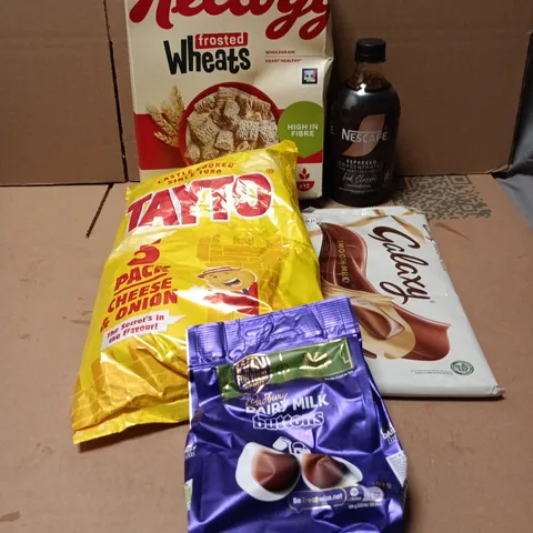 TOTE OF APPROXIMATELY 20 ASSORTED FOOD/DRINK ITEMS TO INCLUDE KELLOGGS FROSTED WHEATS, NESCAFE ESPRESSO CONCENTRATE ICED CLASSIC, GALAXY 360G, TAYTO 5 PACK, DAIRY MILK BUTTONS ETC