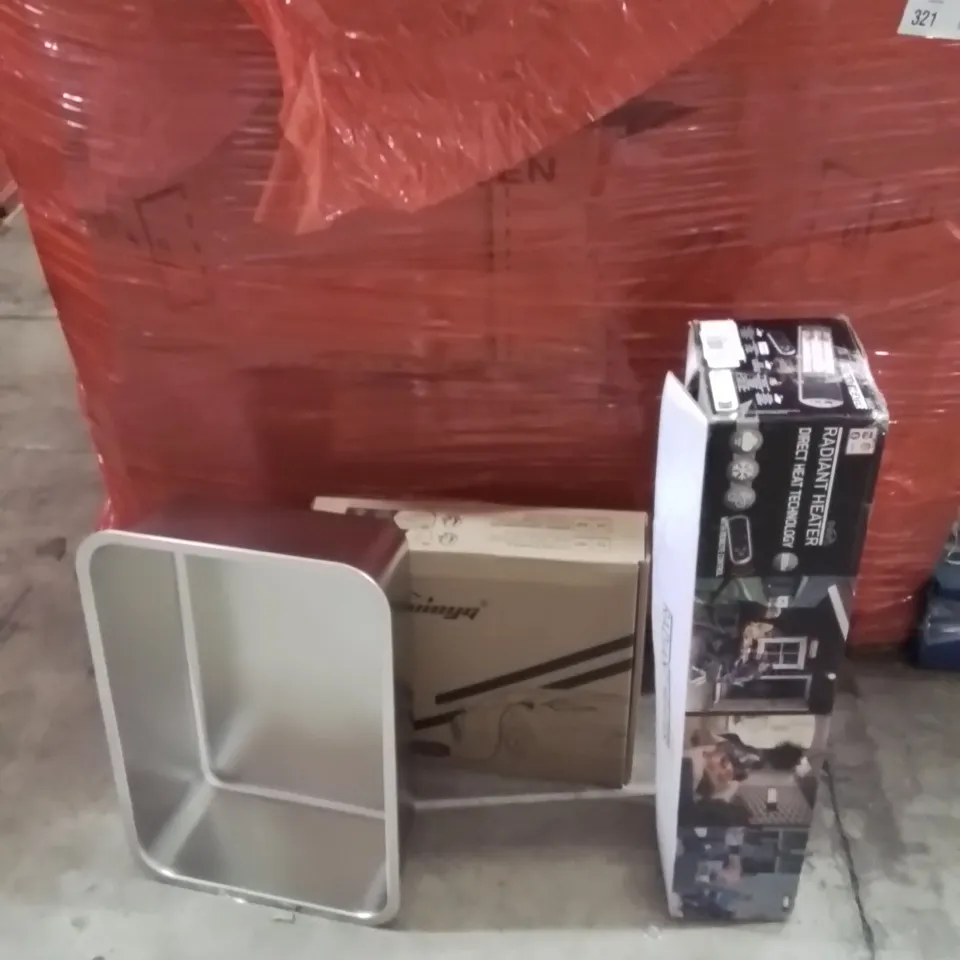 PALLET OF ASSORTED HOUSEHOLD GOODS AND PRODUCTS TO INCLUDE;ELECTRIC CAR CHARGER,CAT LITTER TRAY,HEATER