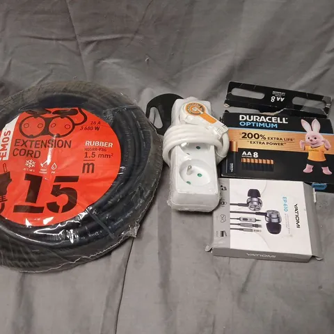 BOX OF APPROX 20 ASSORTED ITEMS TO INCLUDE AA BATTERIES, HEADPHONES AND EXTENSION CORD