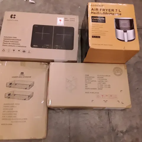 PALLET OF ASSORTED PRODUCTS INCLUDING UNDER BED STORAGE, INDUCTION HOB, AIR FRYER, SIDE TABLE, DISH DRYING RACK