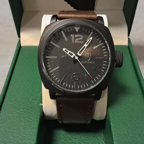 FRANK SCHMIDT STAINLESS STEEL WATCH WITH BLACK BODY AND BROWN LEATHER STRAP 