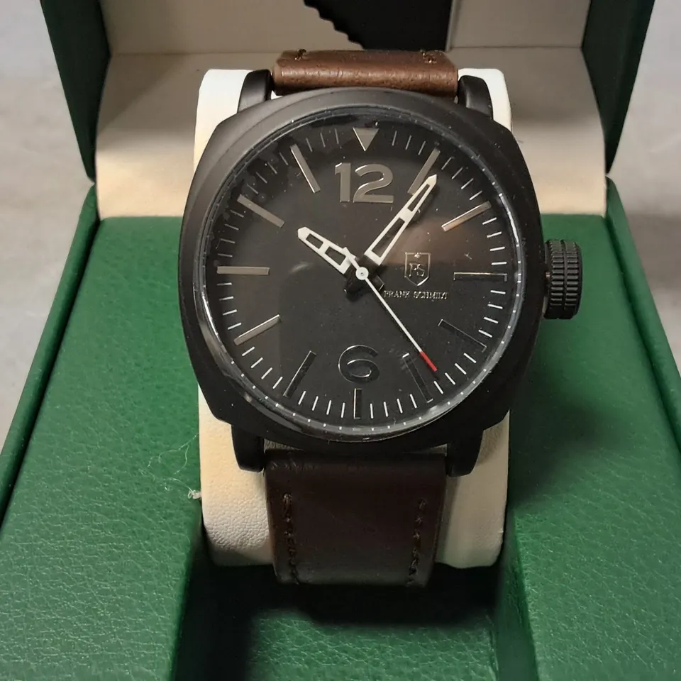 FRANK SCHMIDT STAINLESS STEEL WATCH WITH BLACK BODY AND BROWN LEATHER STRAP 