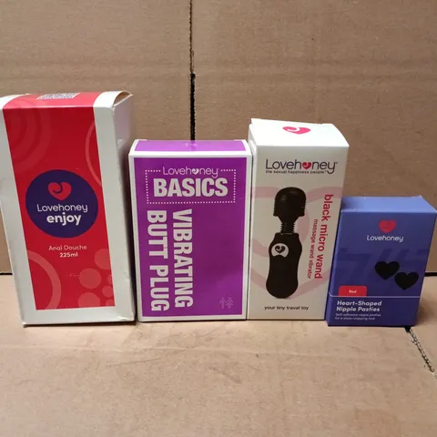 LOT OF 4 SEALED LOVEHONEY ADULT PLEASURE ITEMS TO INCLUDE NIPPLE PASTIES, MICRO WAND AND VIBRATING BUTT PLUG