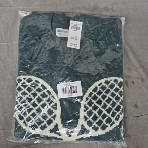 HOLLISTER BOXY FIT KNIT JUMPER – BLUE WITH WHITE PATTERN, UK XL