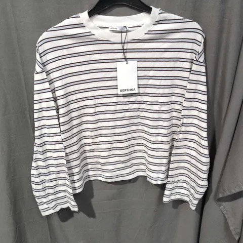 BERSHKA STRIPED LONG-SLEEVE TOP – WHITE WITH BROWN STRIPES, SIZE S