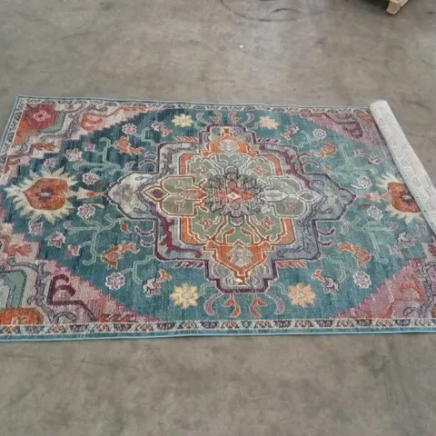ENOCH'S HOOKED TEAL/ORANGE/TEAL RUG APPROX 244X152CM