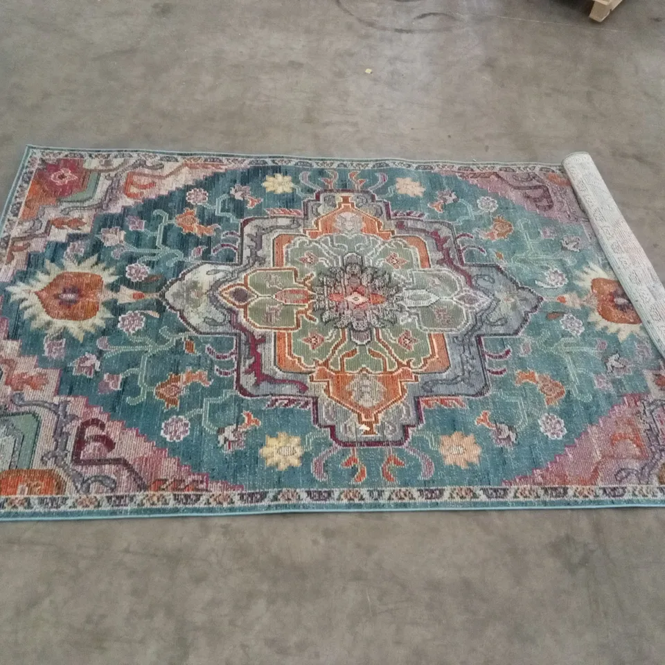 ENOCH'S HOOKED TEAL/ORANGE/TEAL RUG APPROX 244X152CM