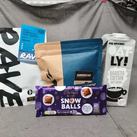 APPROXIMATELY 10 ASSORTED FOOD AND DRINK ITEMS TO INCLUDE CADBURY MINI SNOW BALLS, RAVE COFFEE, ETC