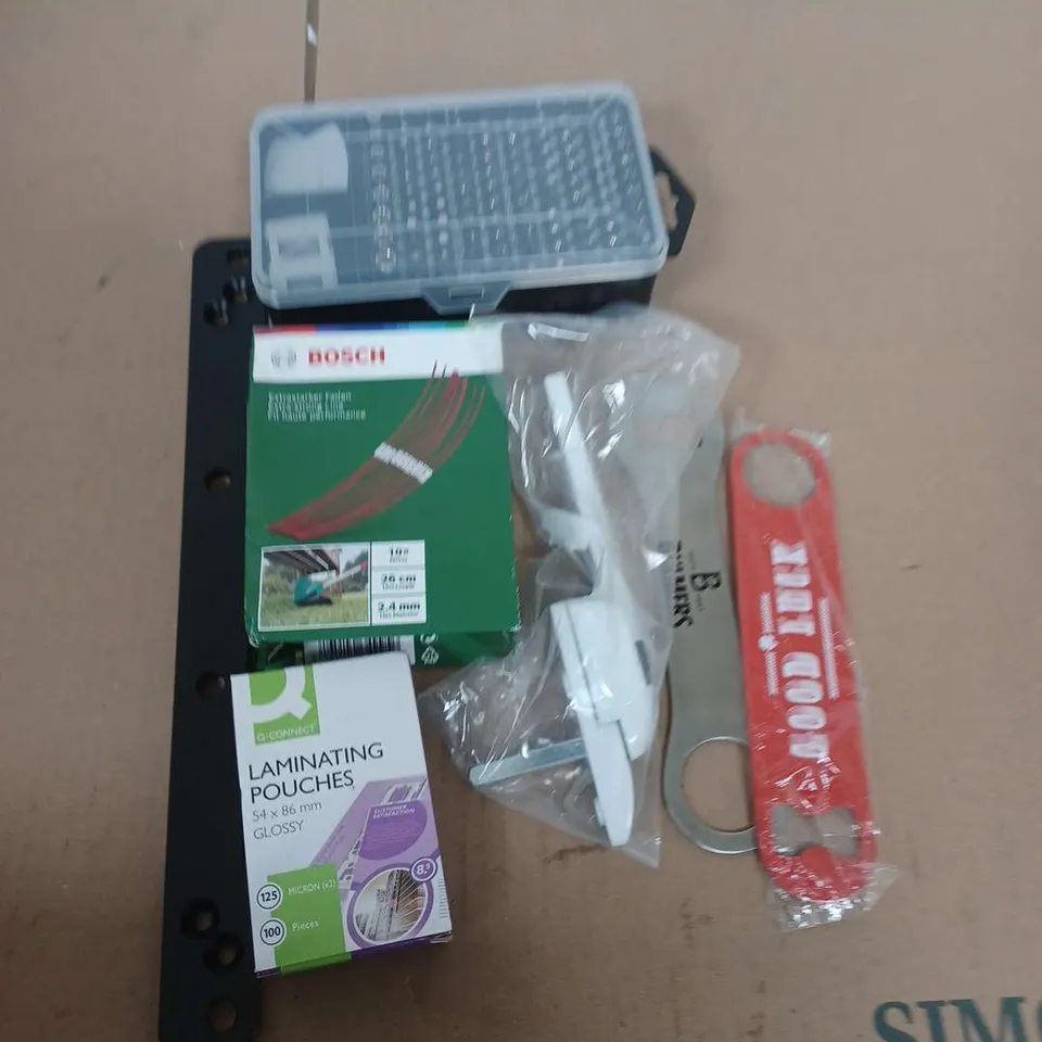 BOX OF ASSORTED HOUSE HOLD ITEMS TO INCLUDE - BOSCH STRONG LINE - SCREWDRIVER SET LAMINATING POUCHES 