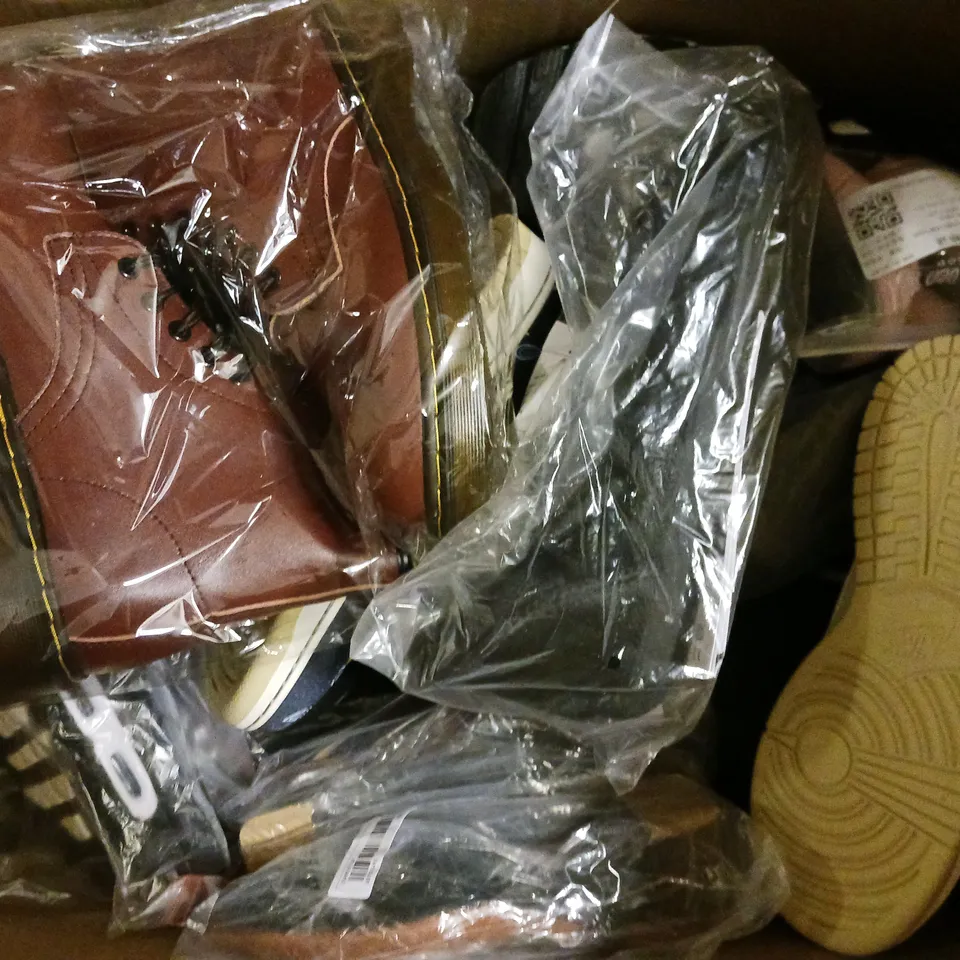 BOX OF APPROXIMATELY 15 ASSORTED PAIRS OF SHOES AND FOOTWEAR ITEMS IN VARIOUS COLOURS, STYLES, AND SIZES - COLLECTION ONLY