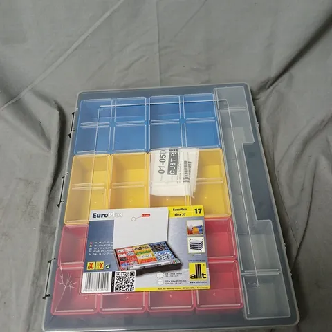 EUROPLUS FLEX 37 MULTI-DRAWER STORAGE BOX – CLEAR CASE WITH BLUE LID AND COLOURED DRAWERS-SLIGHT DAMAGE TO LID 