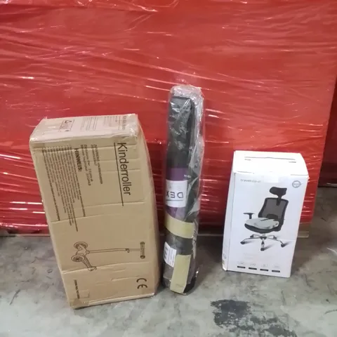 PALLET OF ASSORTED HOUSEHOLD GOODS AND PRODUCTS TO INCLUDE;KIDS SCOOTER,MEMORY FOAM SEAT CUSHION,CHAIR MAT