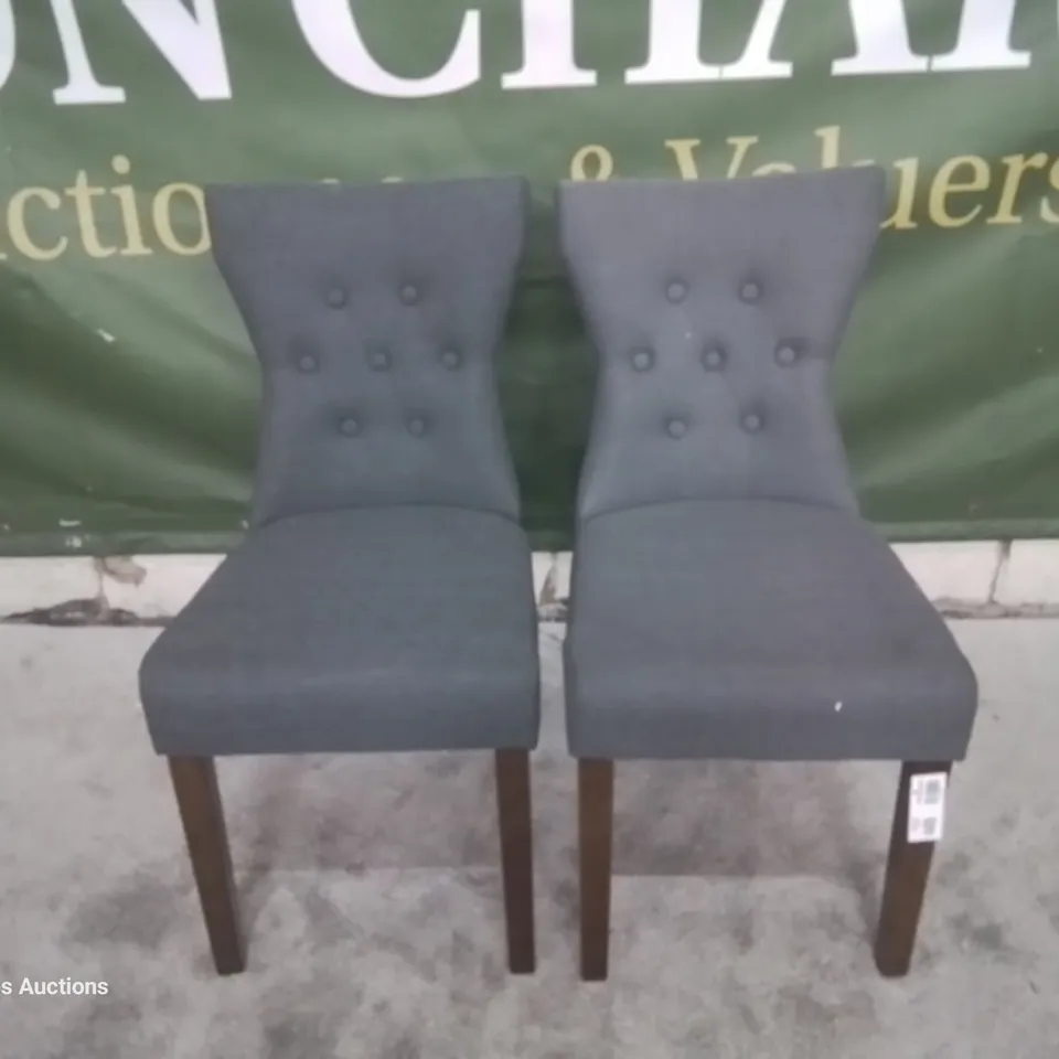 PAIR BEWLEY SLATE FABRIC BUTTONED BACK DINING CHAIRS DARK LEGS 
