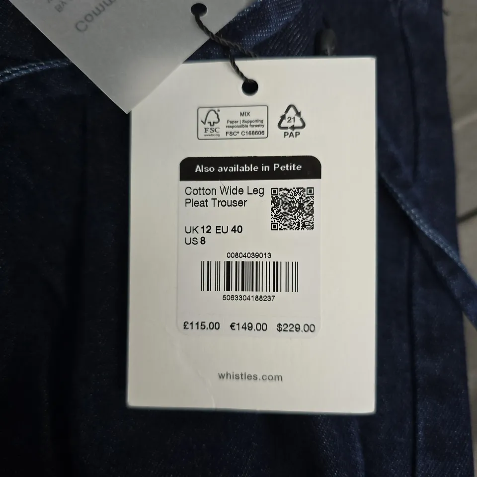 WHISTLES COTTON WIDE-LEG PLEAT TROUSERS – DENIM, UK 12 (EU 40, US 8)