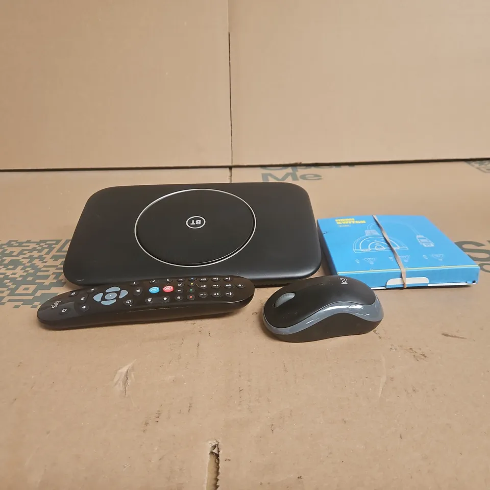TOTE OF APPROXIMATELY 12 ASSORTED ITEMS TO INCLUDE BT HUB, SKY REMOTE, LOGITECH MOUSE, CABLES ETC