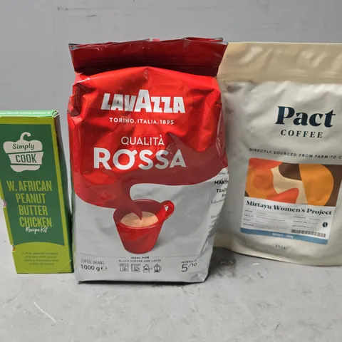 APPROXIMATELY 5 ASSORTED FOOD & DRINK ITEMS TO INCLUDE - PACT COFFEE MIRTAYU WOMENS PROJECT , LAVAZZA ROSSA , SIMPY COOK PEANUT BUTTER CHICKEN ETC