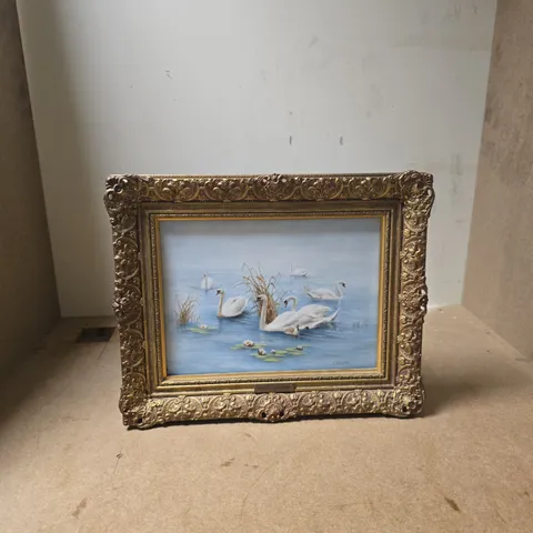 MILWYN HOLLOWAY  – SWANS ON A POND, FRAMED ARTWORK