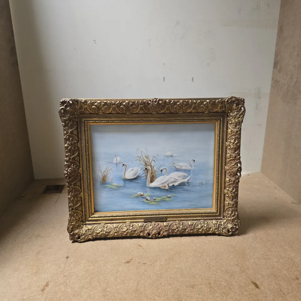 MILWYN HOLLOWAY  – SWANS ON A POND, FRAMED ARTWORK