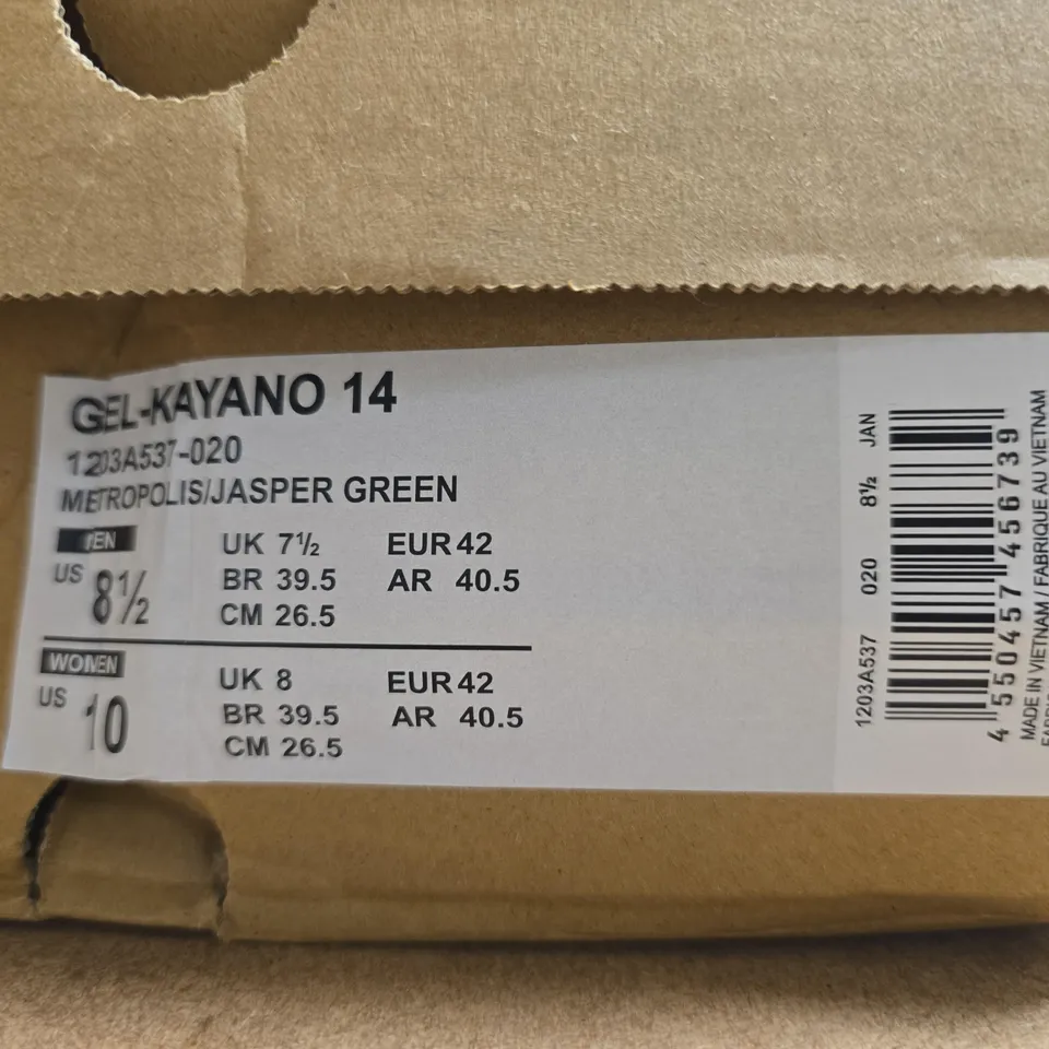 BOXED PAIR OF ASICS GEL-KAYANO 14 RUNNING SHOES – UK SIZE 7.5