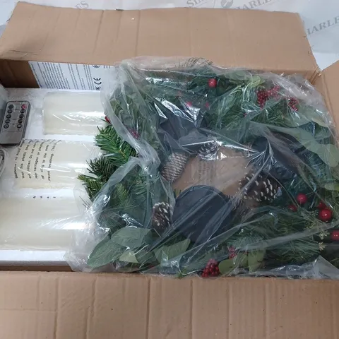 BOXED HOME REFLECTIONS 3 IN 1 FLAMELESS CANDLE WITH WREATH SET