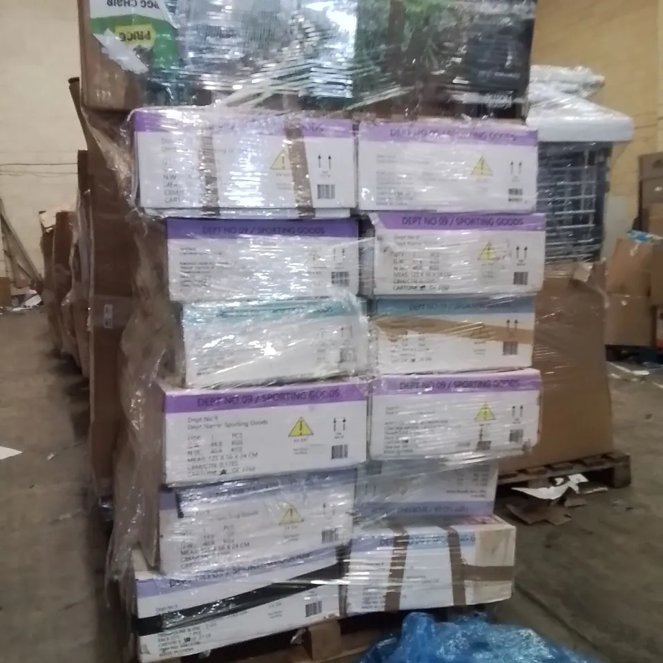 PALLET OF ASSORTED HOUSEHOLD GOODS AND PRODUCTS TO INCLUDE;12 SPORTSPOWER SPORTS PRO 8FT AND 10FT TRAMPOLINES,STATEMENT EGG CHAIR,STONE EFFECT FIRE PIT