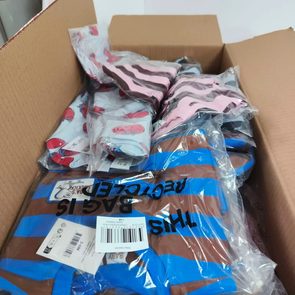 BOX OF APPROXIMATELY 25 ASSORTED CLOTHING ITEMS TO INCLUDE RILEY SWEATER 3-6 MONTHS, SHORT SLEEVE ZIP ROMPER 6 - 12 MONTHS ETC