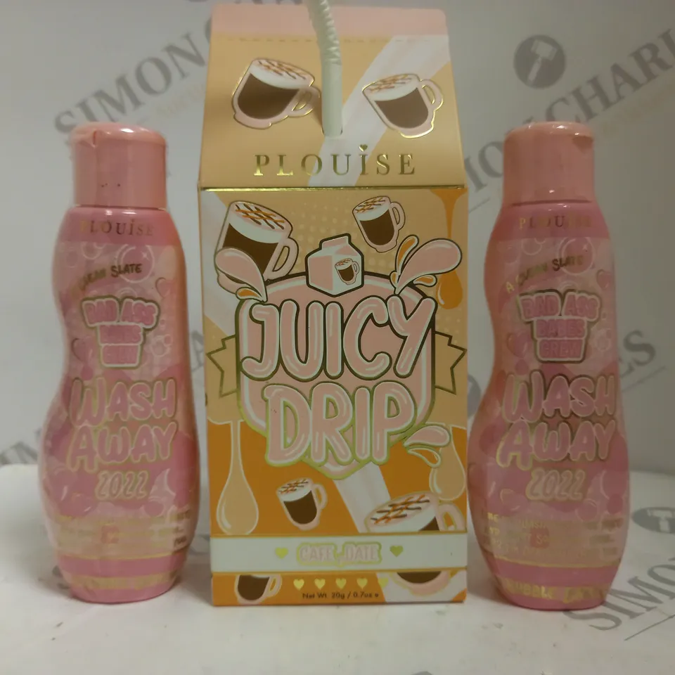 BOX OF 3 ASSORTED P.LOUISE PRODUCTS TO INCLUDE JUICY DRIP LIP KIT #CAFE DATE & 2 X 120ML WASH AWAY 2022 BUBBLE BATH 