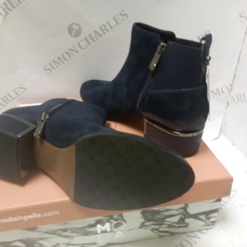 BOXED LILITH NAVY SUEDE CAGE HEEL ANKLE BOOTS - SIZE 6