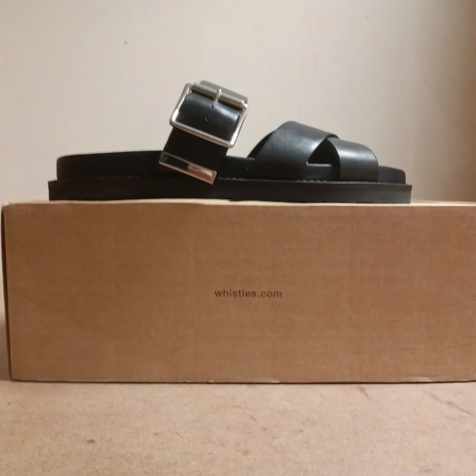 BOXED PAIR OF WHISTLES OPEN TOE SANDALS IN BLACK SIZE EU 39