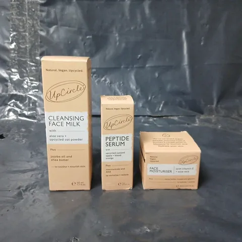 LOT OF 3 UPCIRCLE BEAUTY PRODUCTS TO INCLUDE CLEANSING MILK, PEPTIDE SERUM AND FACE MOISTURISER