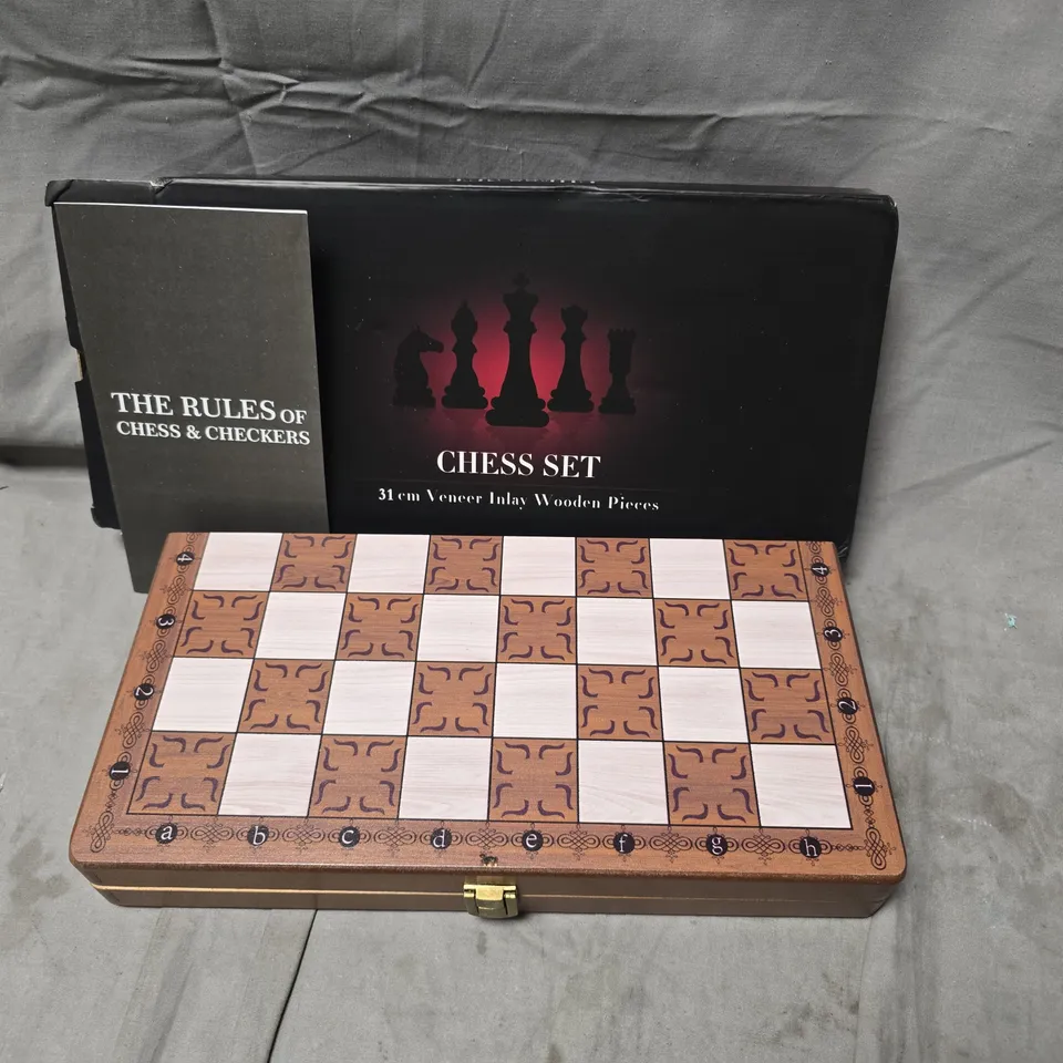 Wooden Chess Set with Inlay Veneer, 31 cm Board, Brown & Ivory Pieces in Box