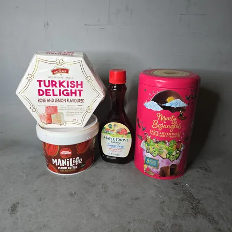 APPROXIMATELY 10 ASSORTED FOOD ITEMS TO INCLUDE -TURKISH DELIGHT , PEANUT BUTTER , MAPLE GROVE SURGAR FREE SYRUP ETC