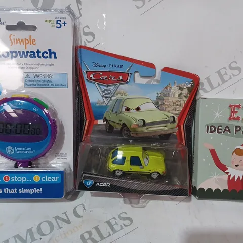 APPROXIMATELY 10 ASSORTED TOYS AND GAMES TO INCLUDE ELF IDEA PACK, CARS 2 ACER TOY, STOPWATCH, ETC