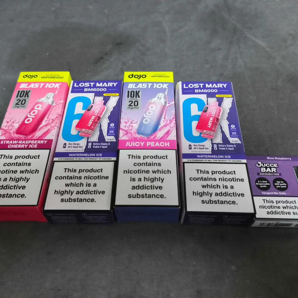 APPROXIMATELY 15 ASSORTED E-CIGARETTE AND VAPE PRODUCTS TO INCLUDE DOJO, LOST MARY, JUICE ETC 