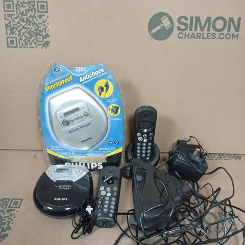 BOX OF ASSORTED ELECTRICAL ITEMS TO INCLUDE - PHILIPS PORTABLE CD PLAYER , LANDLINE PHONES ETC.....