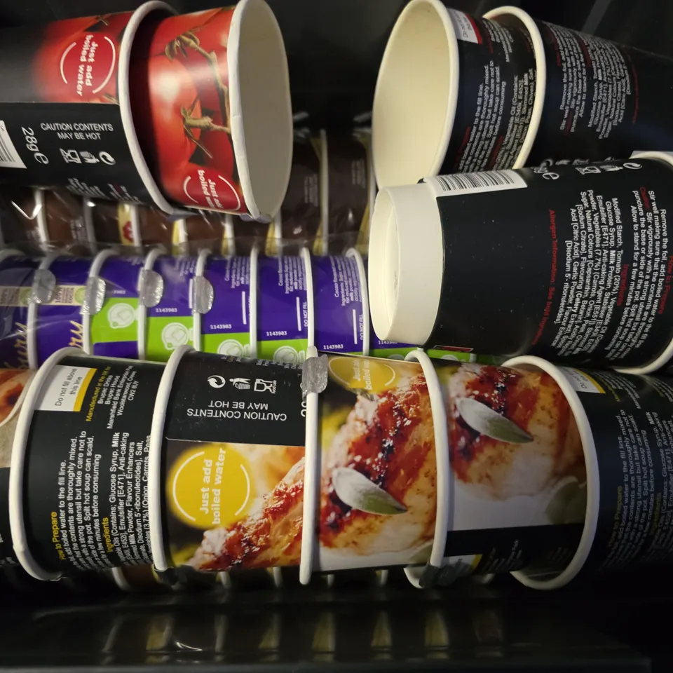 APPROXIMATELY 14 ASSORTED FOOD ITEMS TO INCLUDE -TOMATO SOUP , VEGETABLE SOUP , CHICKEN SOUP ETC