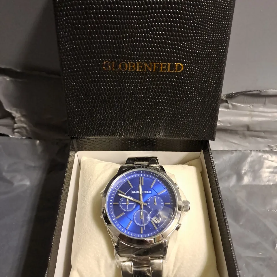 BOXED GLOBENFELD MARKSMAN SILVER BLUE DIAL STAINLESS STEEL CASE WATCH 