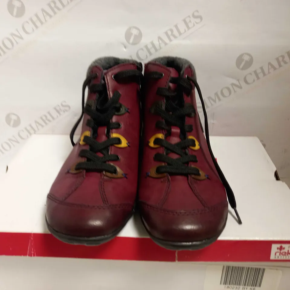 RIEKER LACE UP ANKLE BOOT BURGUNDY - SIZE UK 6
