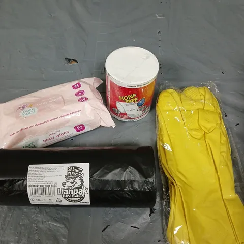 APPROXIMATELY 10 HOUSEHOLD ITEMS TO INCLUDE BIN BAGS, BABY WIPES, CLEANING GLOVES ETC